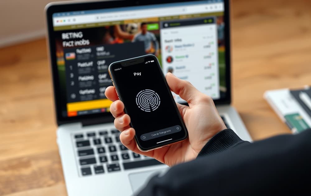 Person med iPhone som bruker Apple Pay for innskudd på en bettingside med fotballodds.