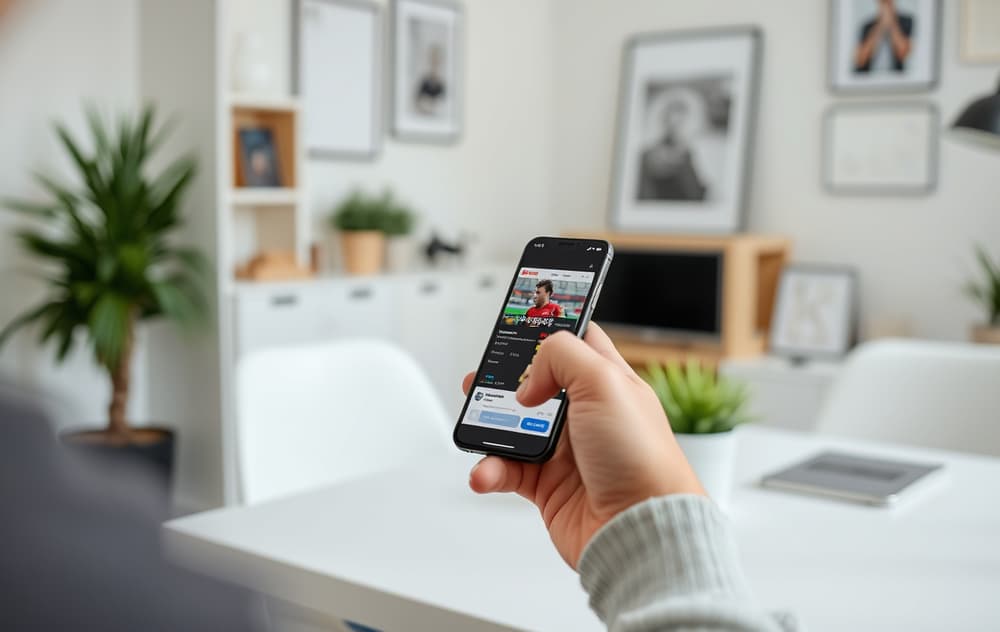 Person som overfører penger via bankapp til en bettingside.