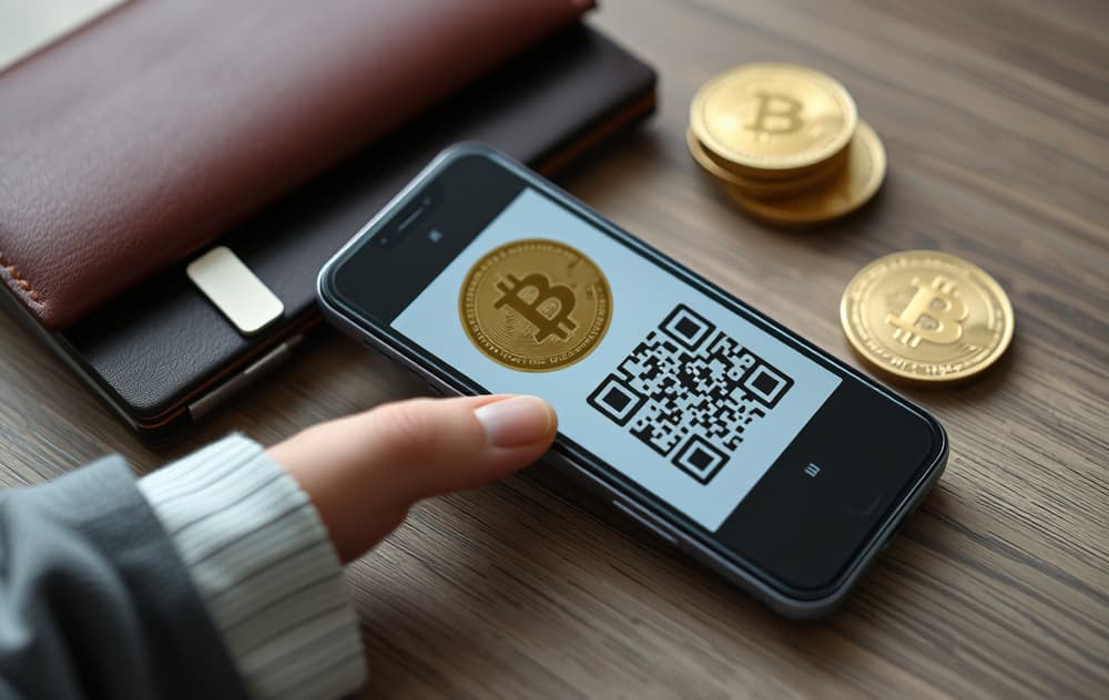 Mobiltelefon med Bitcoin QR-kode for innskudd på en bettingside, ved siden av en maskinvare-lommebok og kontanter.