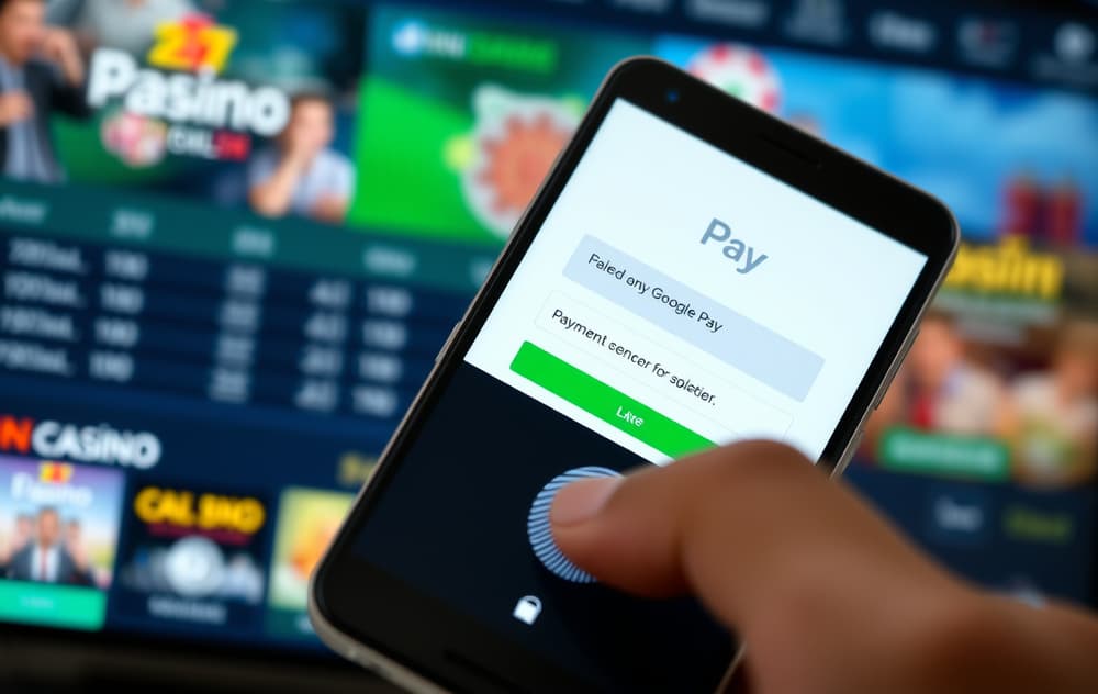 Google Pay betalingsbekreftelse på en Android-telefon med finger på fingeravtrykkssensor, bakgrunn av et casino-grensesnitt.