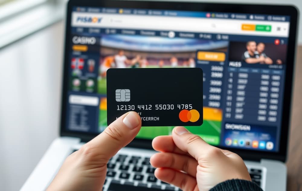 En person holder et Mastercard debetkort foran en bærbar PC med en norsk bettingside og fotballodds.