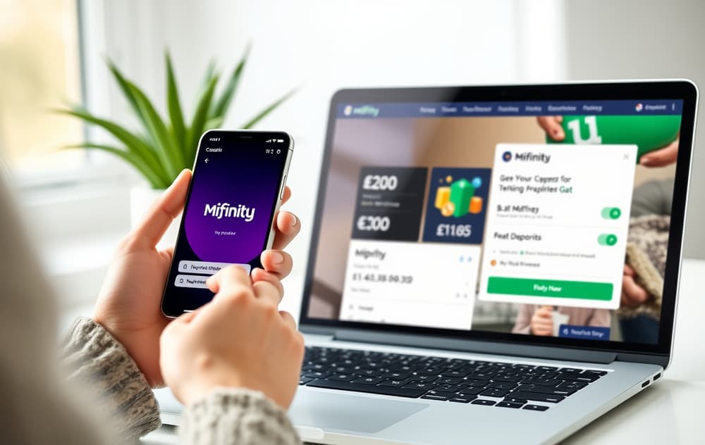 Person med mobiltelefon og MiFinity-app, samt laptop med bookmakerens innskuddsside som viser MiFinity som betalingsmetode.