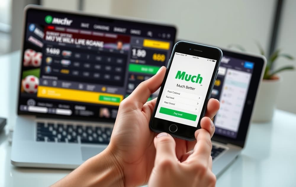 Person som bruker MuchBetter-appen på mobil for bettinginnskudd, med bookmaker-side på PC i bakgrunnen.