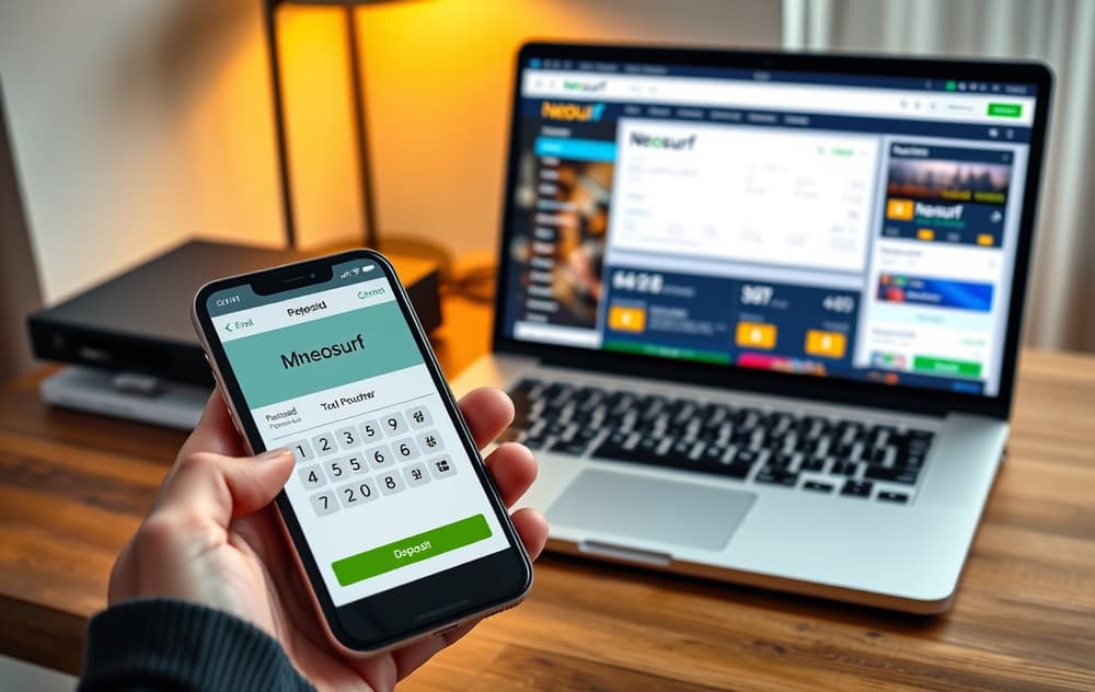 Person som holder mobil med MyNeosurf-appen og en dataskjerm med innskuddsside for betting.