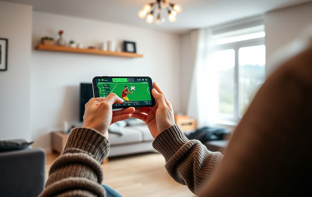 Person som sitter i stuen og tipper på fotball via mobilen, med en kamp på skjermen