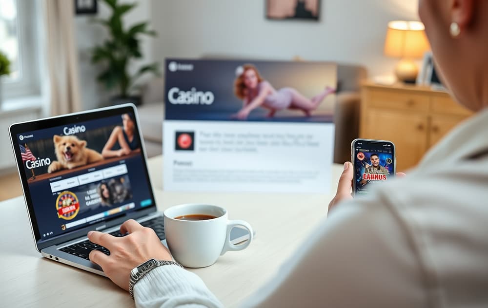 En person som sammenligner nettcasinoer på en bærbar PC, med mobil og kaffe på bordet – et trygt og bevisst valg.