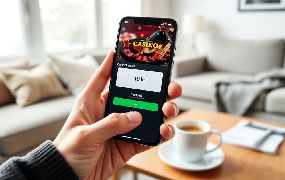 Person som setter inn 10 kroner på et casino via mobiltelefon.
