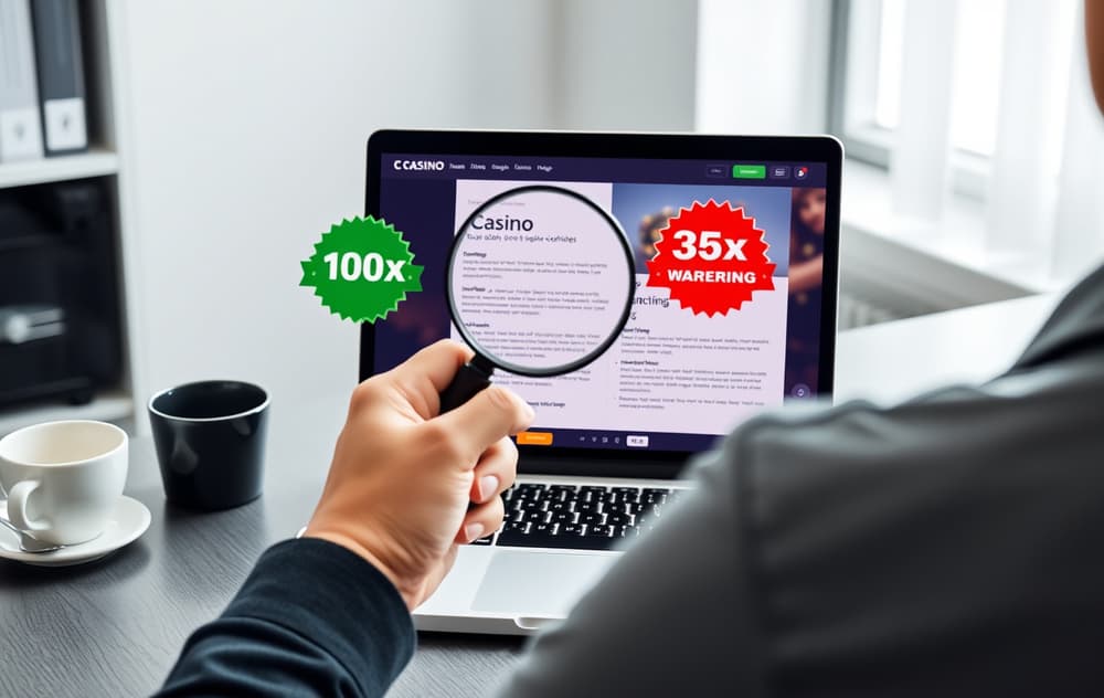 Person som sammenligner casinoer uten omsetningskrav på laptop