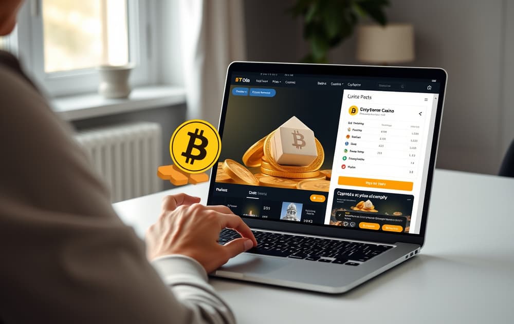 Norsk spiller som tester et kryptocasino på bærbar PC med Bitcoin-lommebok ved siden av seg.