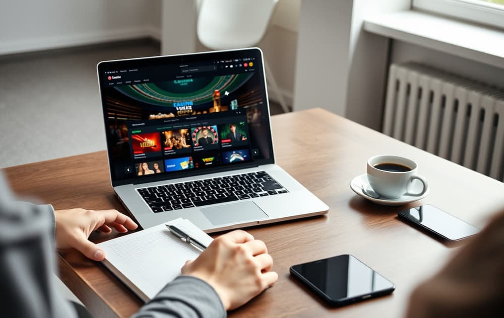 Skjermbilde av et nettcasino på en laptop med en kopp kaffe og notater