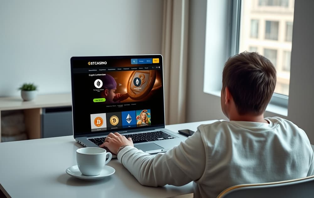 Person som sitter ved et skrivebord og ser på en bærbar PC med et kryptocasino på skjermen.
