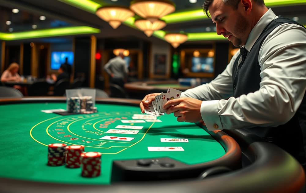 Live casino dealer ved blackjack-bord med HD-kamera