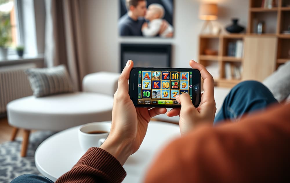 Person som spiller på mobilcasino i en stue, med kopp kaffe på bordet