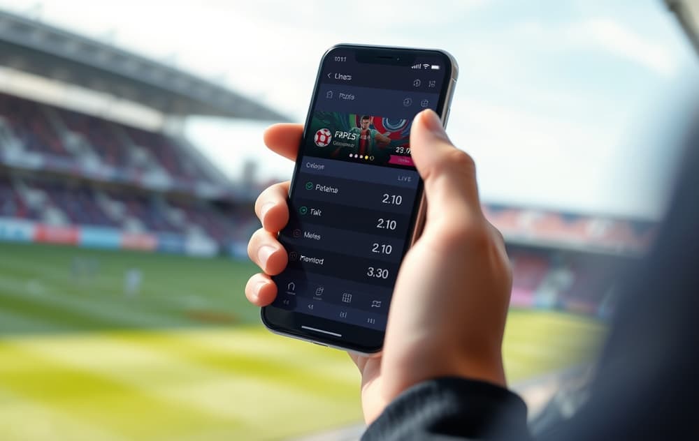 En person holder en mobiltelefon med en live betting-app for fotball, odds vises på skjermen, utydelig stadionbakgrunn.