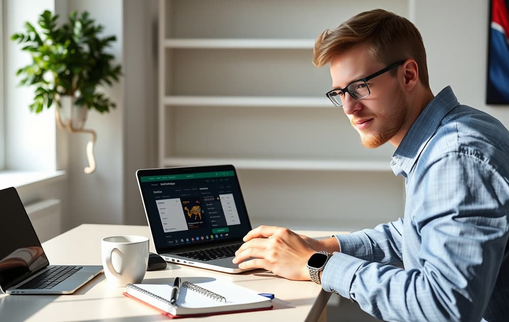 En person sammenligner bettingsider på en laptop, med notater og kaffekopp