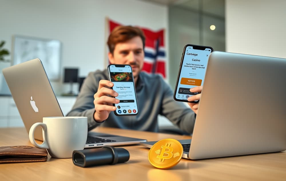 En person sitter ved en laptop med en mobiltelefon som viser en vellykket utbetalingsbekreftelse fra et nettcasino, Bitcoin-lommebok og norsk flagg i bakgrunnen.