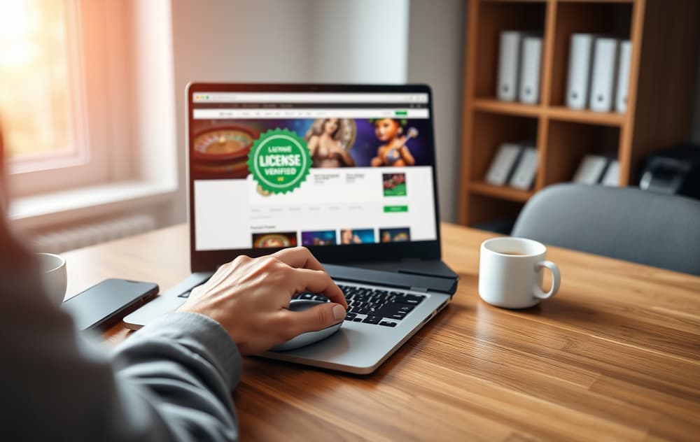 Person som sjekker lisens på et casino på en bærbar PC, med kaffekopp på bordet