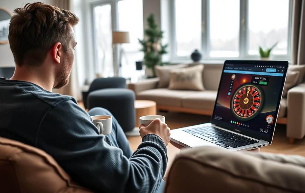 Person som spiller på nettcasino i en norsk stue