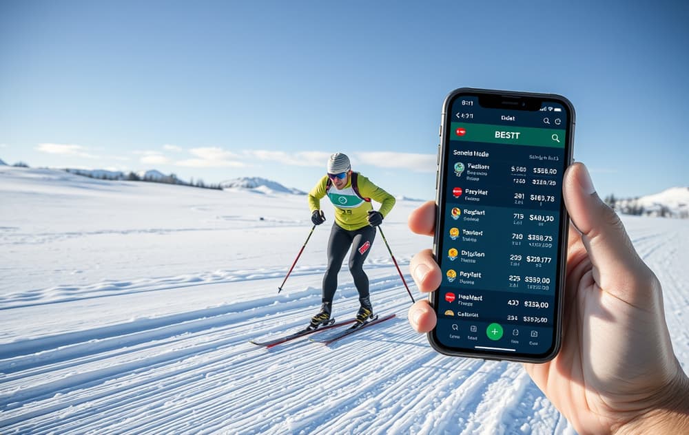 Langrennsløpere i aksjon med odds og betting-app i bakgrunnen