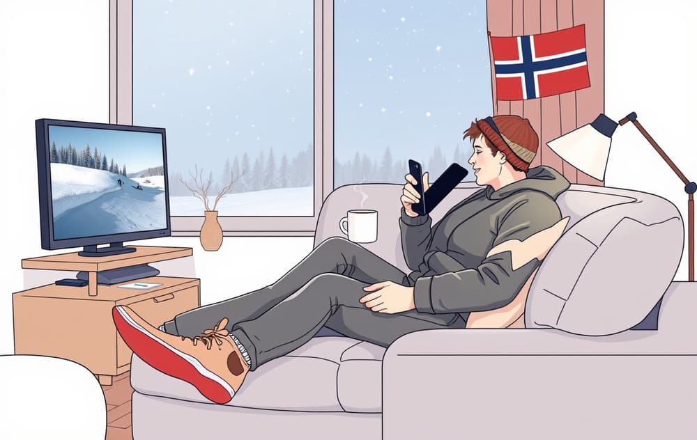 Norsk spiller tipper på vintersport via mobiltelefon mens han ser på skiskyting på TV.